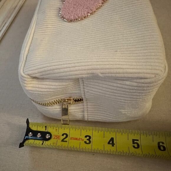 Cream corduroy makeup cosmetic travel pouch w pink heart with glitter patch NWOT - Picture 7 of 8